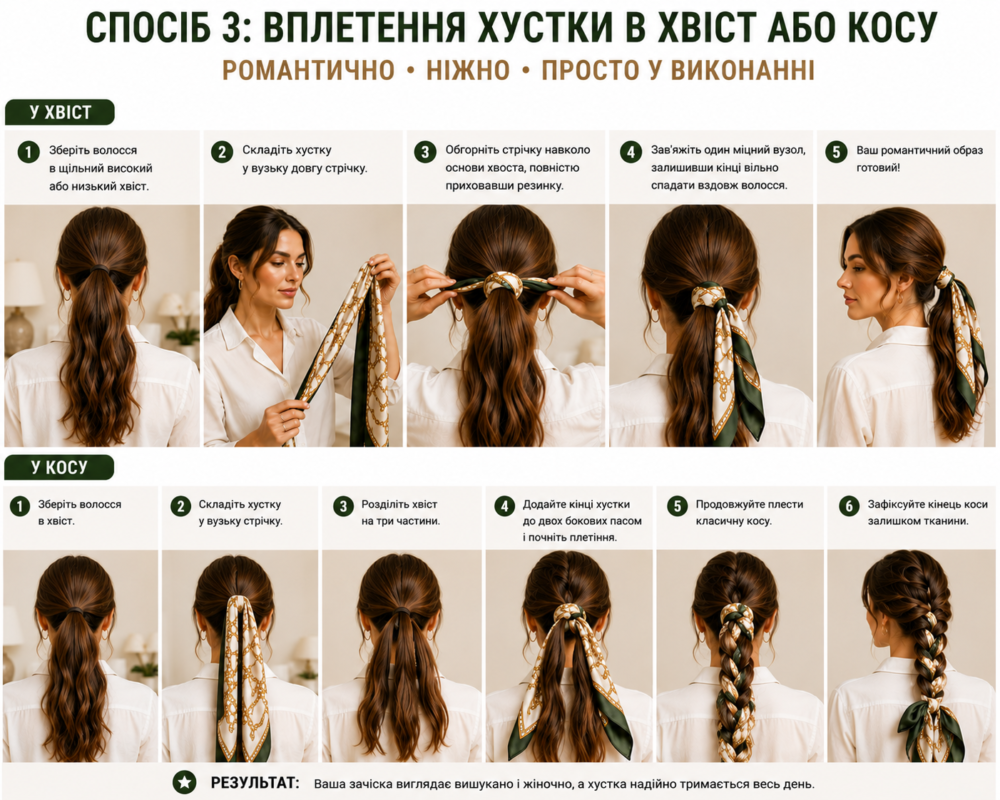 Вплетення аксесуара в хвіст або косу